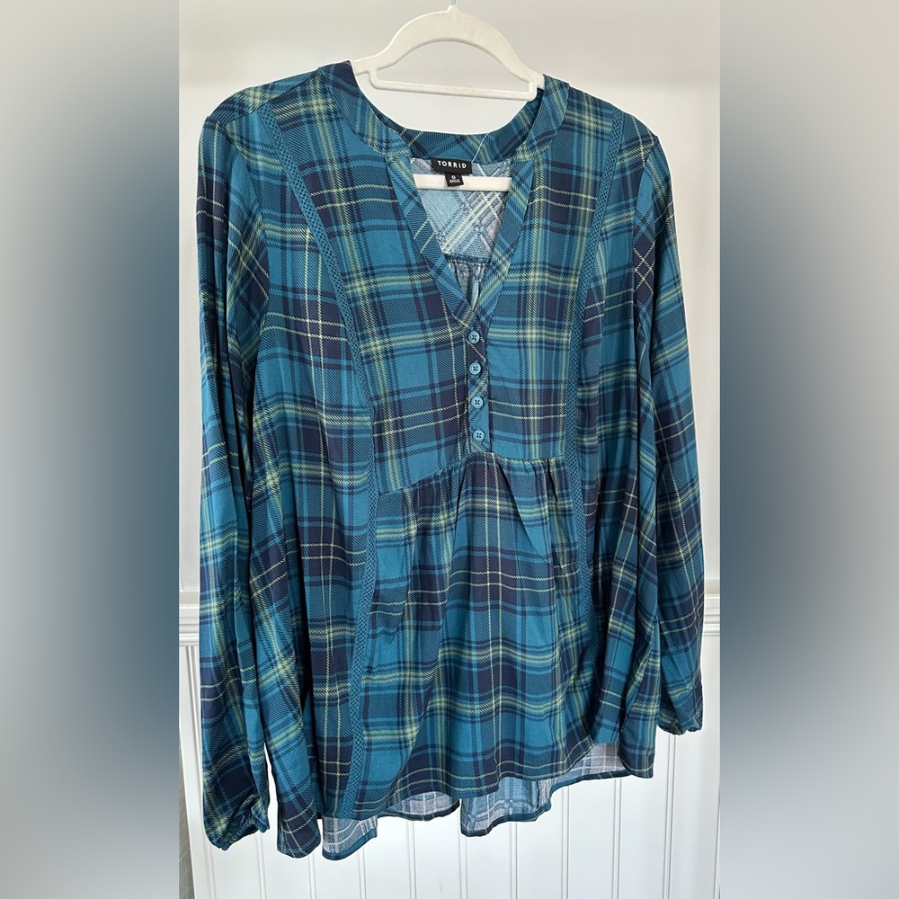 Torrid Teal Plaid Button-Front Blouse